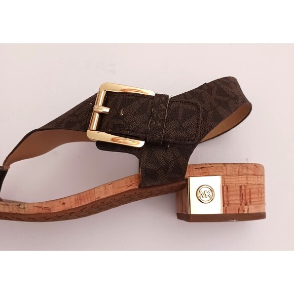 Michael Kors Thong Sandal Brown MK Logo Cork Block Heel Buckle Ankle Strap Sz 6 - Picture 6 of 12